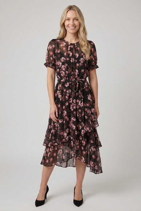 Black | Floral Mesh Layer Asymmetric Midi Dress