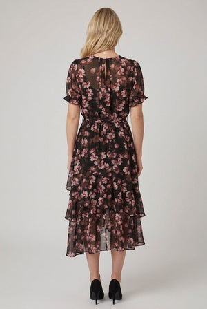 Black | Floral Mesh Layer Asymmetric Midi Dress