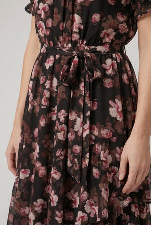 Black | Floral Mesh Layer Asymmetric Midi Dress