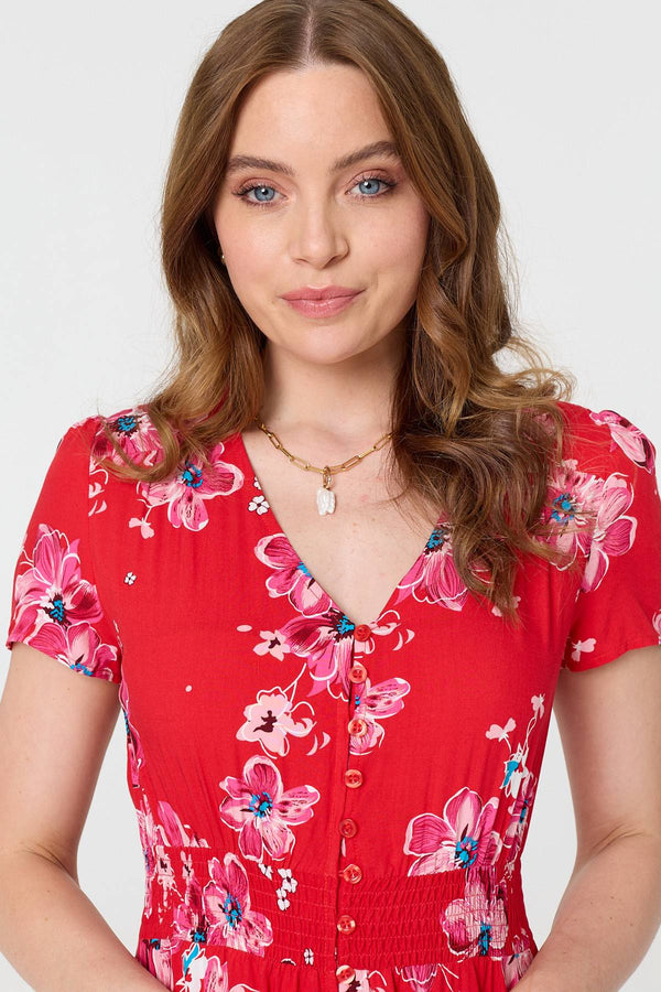 Red | Floral Short Sleeve Shirred Maxi Dress