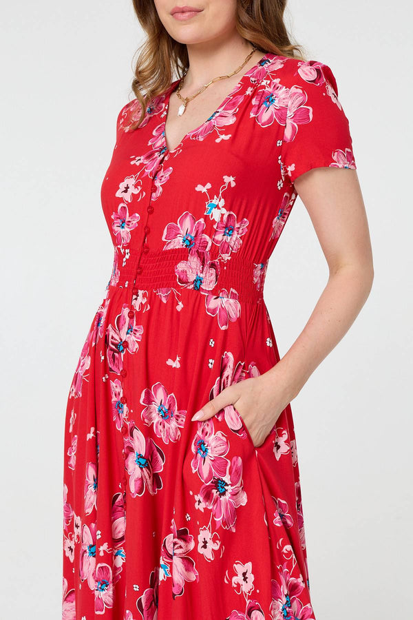 Red | Floral Short Sleeve Shirred Maxi Dress