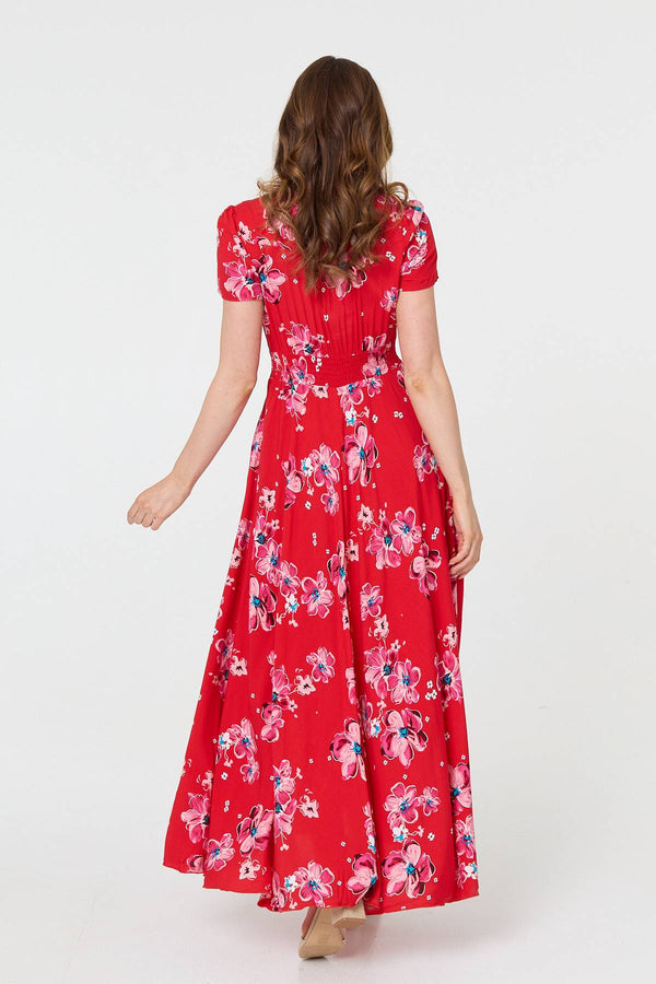 Red | Floral Short Sleeve Shirred Maxi Dress