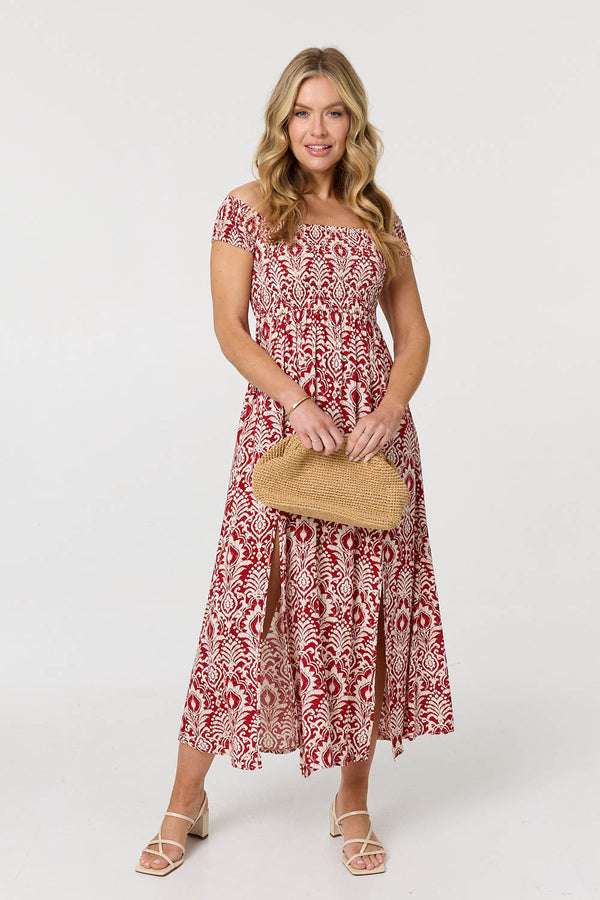 Red | Printed Cap Sleeve Bardot Top Maxi Dress