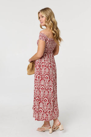 Red | Printed Cap Sleeve Bardot Top Maxi Dress