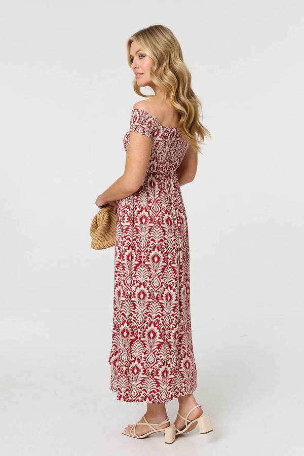Red | Printed Cap Sleeve Bardot Top Maxi Dress