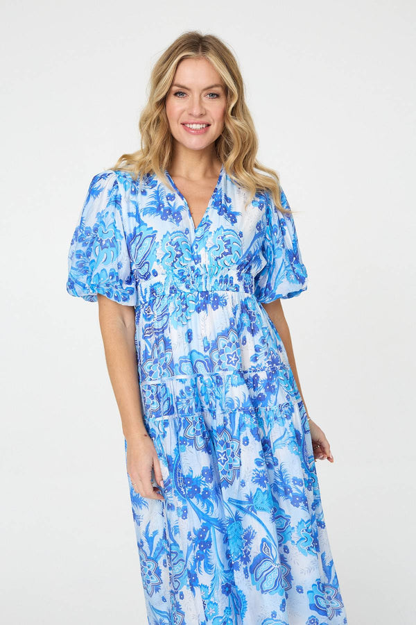 Blue | Floral Tiered Puff Sleeve Midi Dress