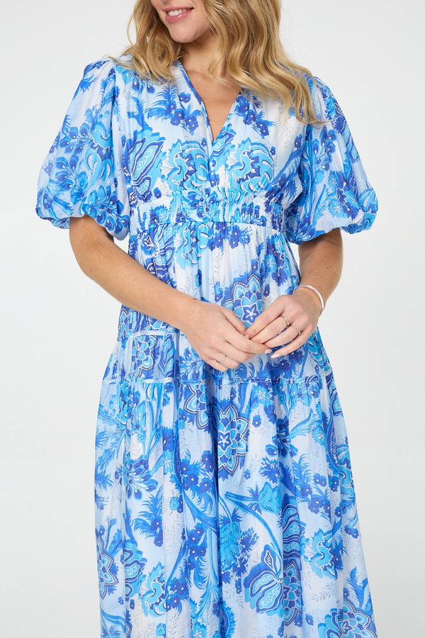 Blue | Floral Tiered Puff Sleeve Midi Dress
