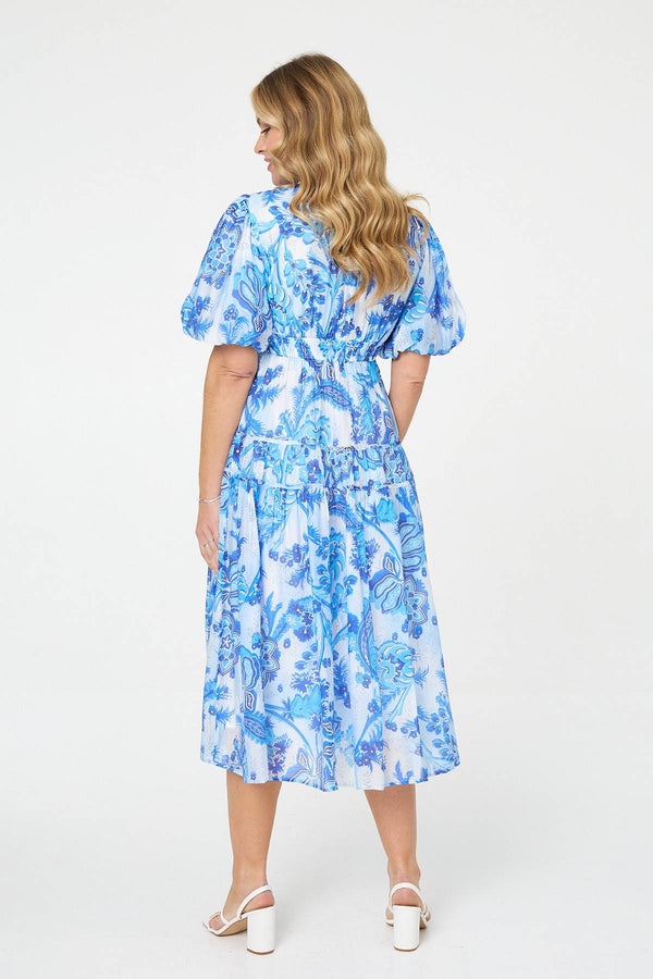 Blue | Floral Tiered Puff Sleeve Midi Dress