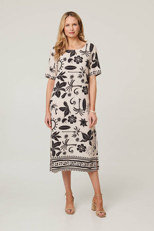 Ivory | Printed 1/2 Sleeve Midi Shift Dress