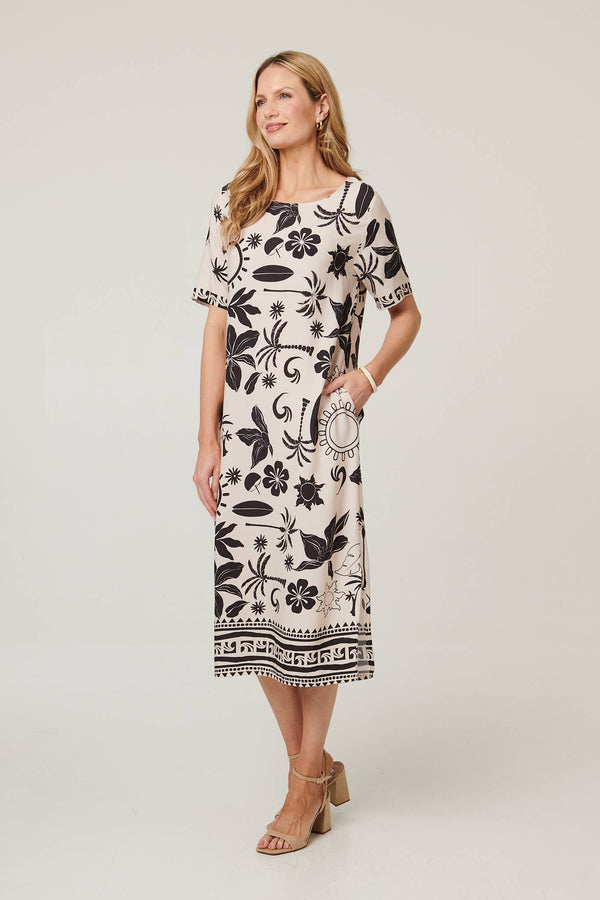 Ivory | Printed 1/2 Sleeve Midi Shift Dress : Model is 5'10"/178 cm and wears UK10/EU38/US6/AUS10