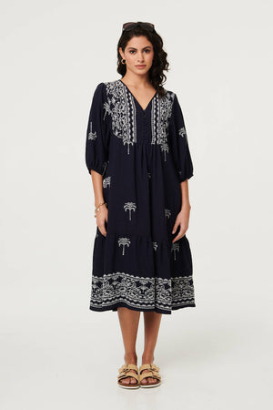 Navy | Border Print Relaxed V-Neck Midi Dress