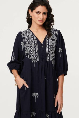 Navy | Border Print Relaxed V-Neck Midi Dress