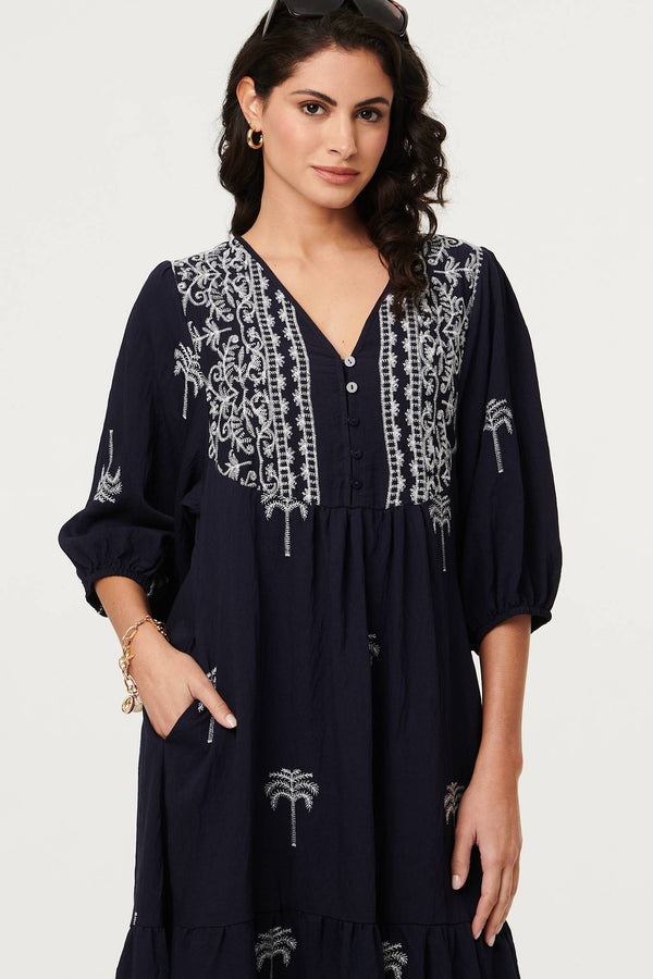 Navy | Border Print Relaxed V-Neck Midi Dress