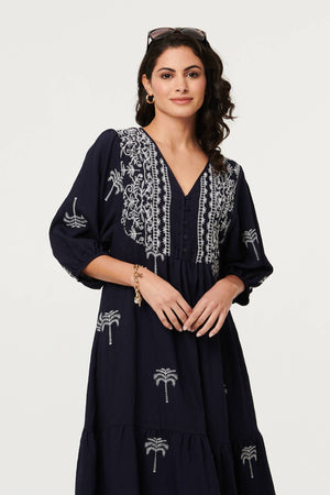 Navy | Border Print Relaxed V-Neck Midi Dress