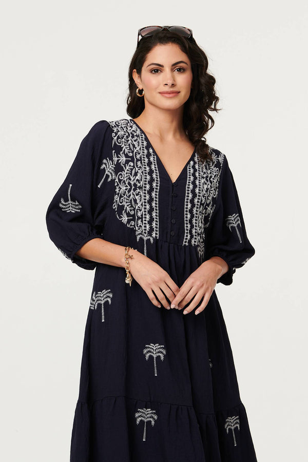 Navy | Border Print Relaxed V-Neck Midi Dress