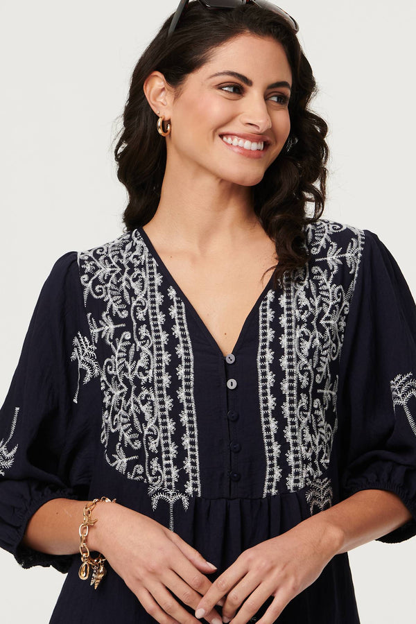 Navy | Border Print Relaxed V-Neck Midi Dress