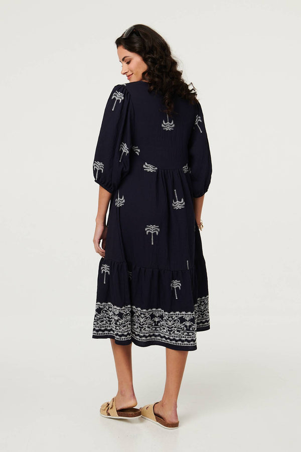 Navy | Border Print Relaxed V-Neck Midi Dress