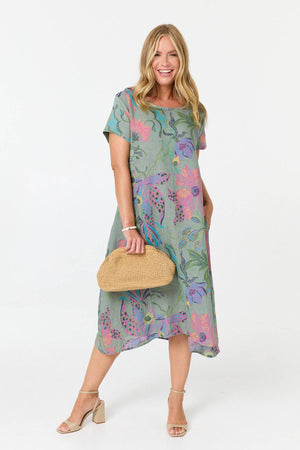Sage | Floral Oversized Short Sleeve Midi Dress