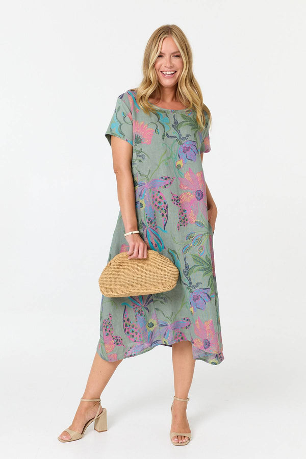 Sage | Floral Oversized Short Sleeve Midi Dress