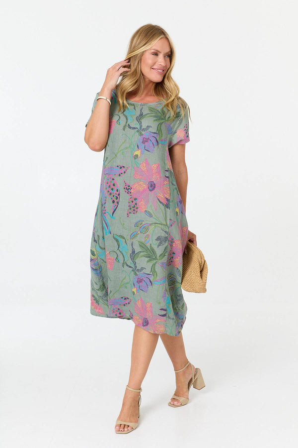 Sage | Floral Oversized Short Sleeve Midi Dress