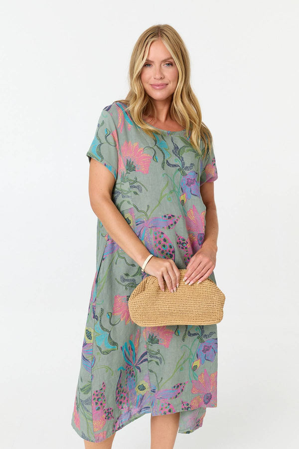 Sage | Floral Oversized Short Sleeve Midi Dress