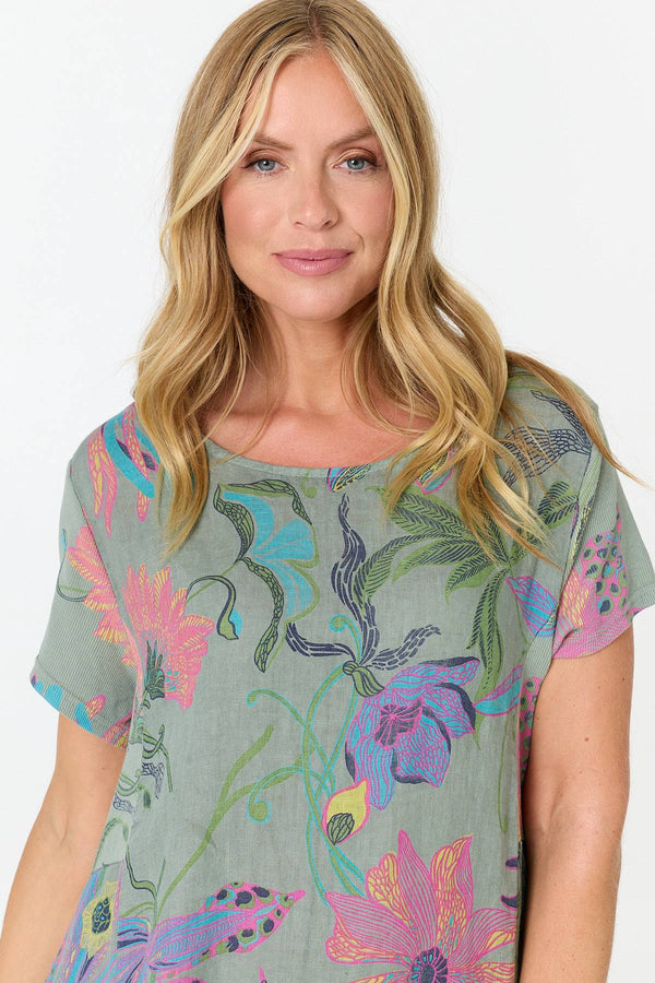 Sage | Floral Oversized Short Sleeve Midi Dress