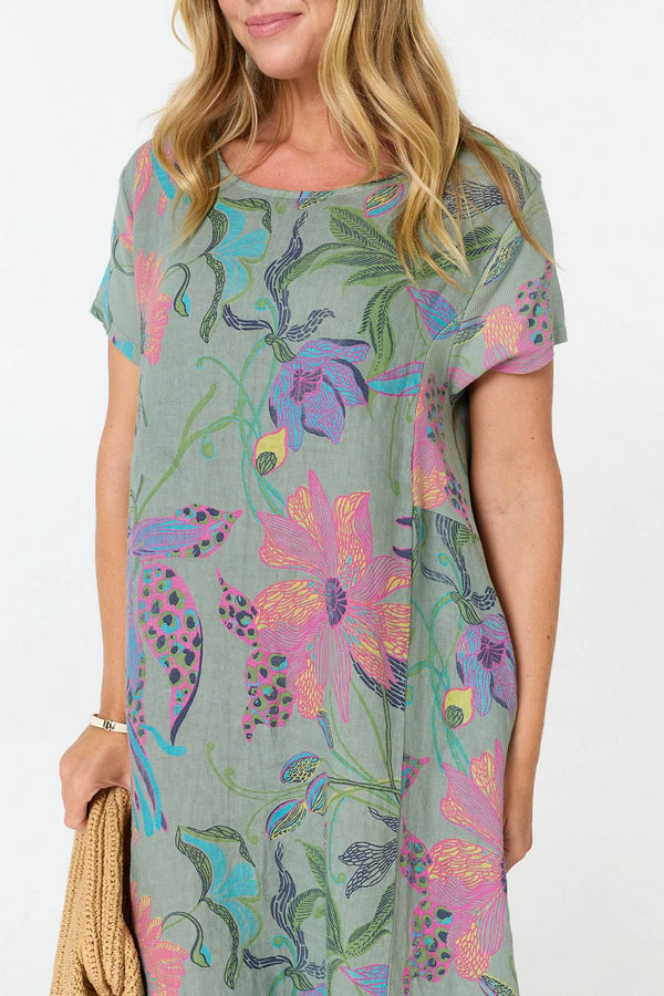 Sage | Floral Oversized Short Sleeve Midi Dress