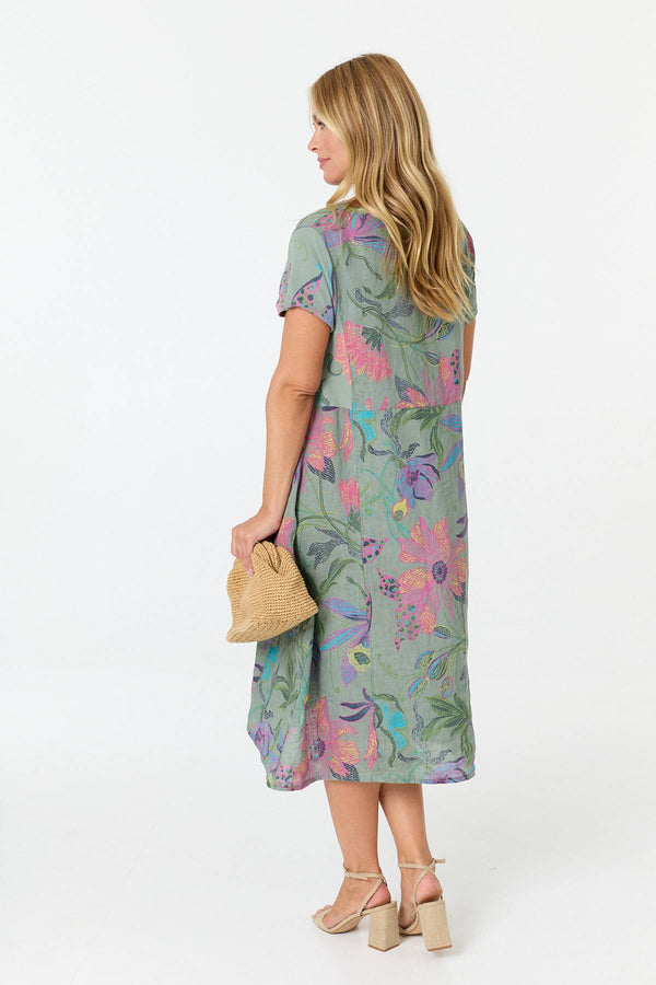 Sage | Floral Oversized Short Sleeve Midi Dress