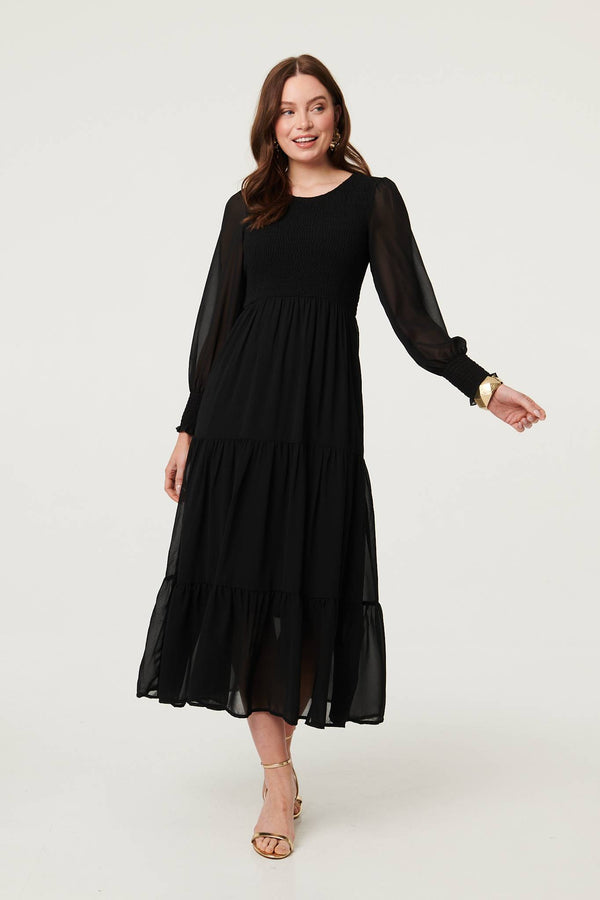 Black | Semi Sheer Layered Tiered Maxi Dress