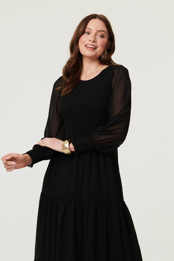 Black | Semi Sheer Layered Tiered Maxi Dress