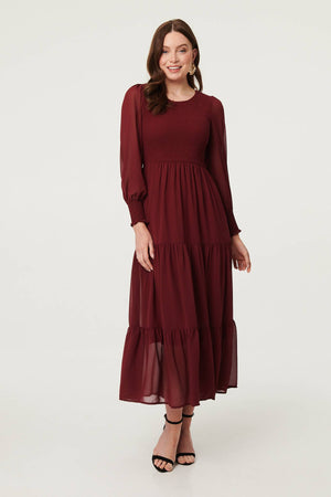 Red | Semi Sheer Layered Tiered Maxi Dress : Model is 5'9