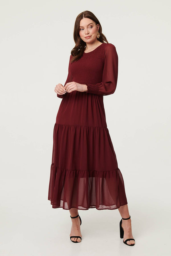 Red | Semi Sheer Layered Tiered Maxi Dress