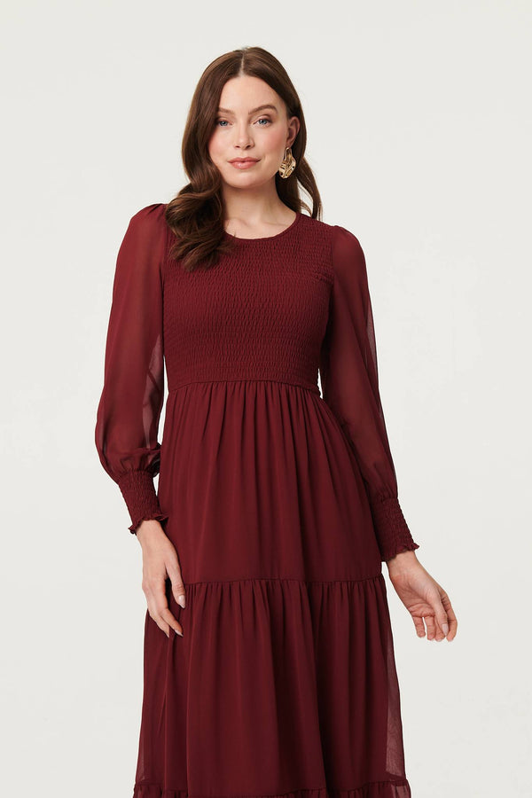 Red | Semi Sheer Layered Tiered Maxi Dress