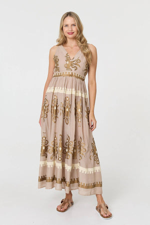 Brown | Printed Ruched Sleeveless Maxi Dress
