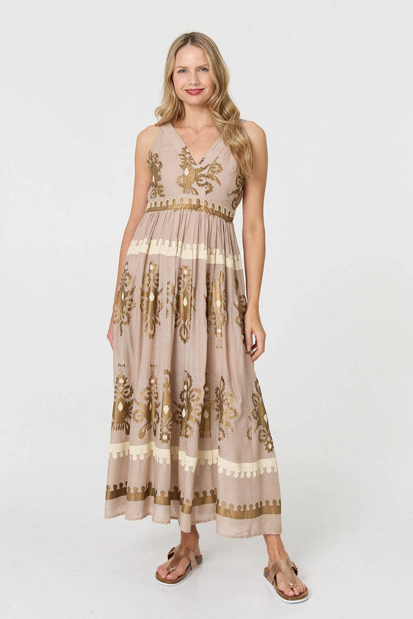 Brown | Printed Ruched Sleeveless Maxi Dress