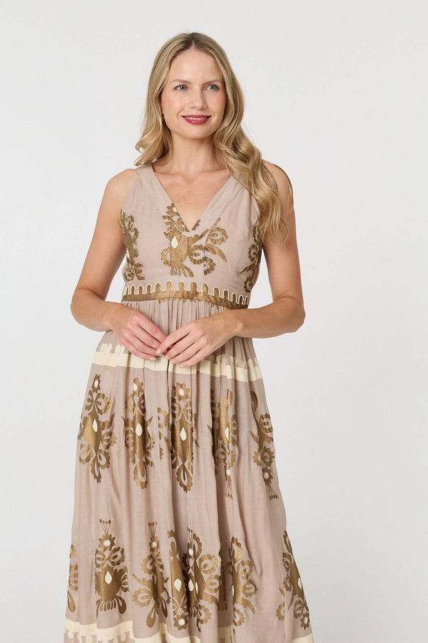 Brown | Printed Ruched Sleeveless Maxi Dress