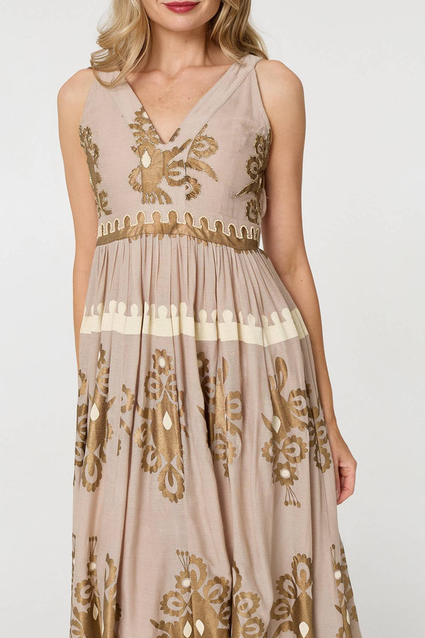 Brown | Printed Ruched Sleeveless Maxi Dress
