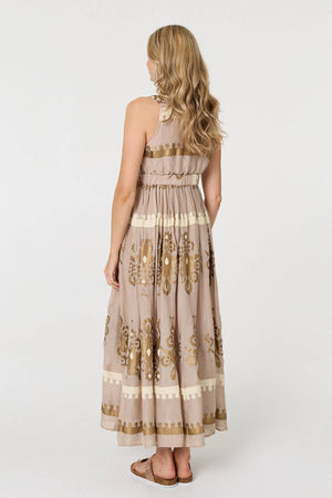 Brown | Printed Ruched Sleeveless Maxi Dress