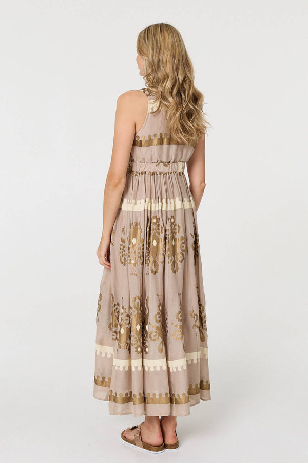 Brown | Printed Ruched Sleeveless Maxi Dress