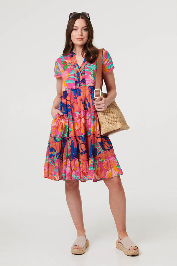 Pink | Floral Tiered Knee Length Dress