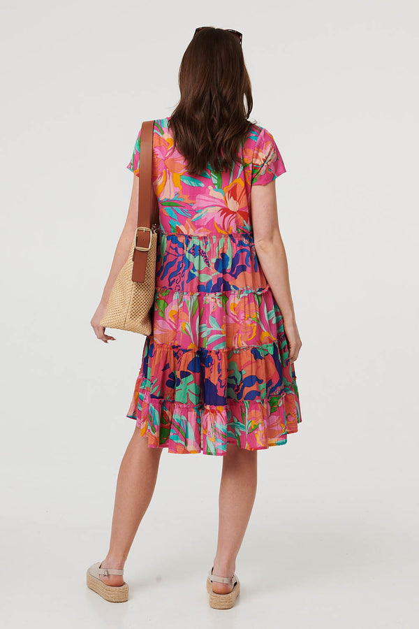Pink | Floral Tiered Knee Length Dress