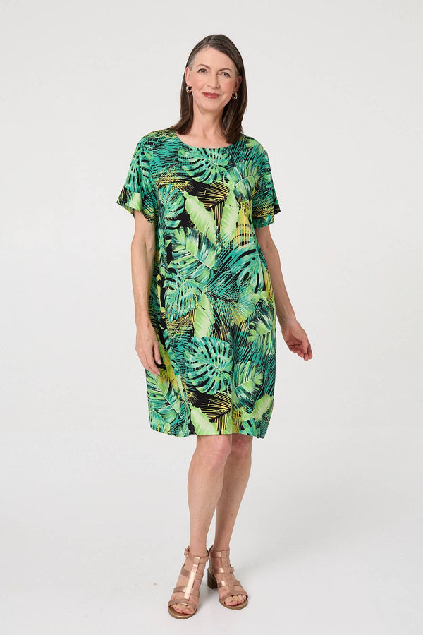 Green | Tropical Print Shift Knee Length Dress