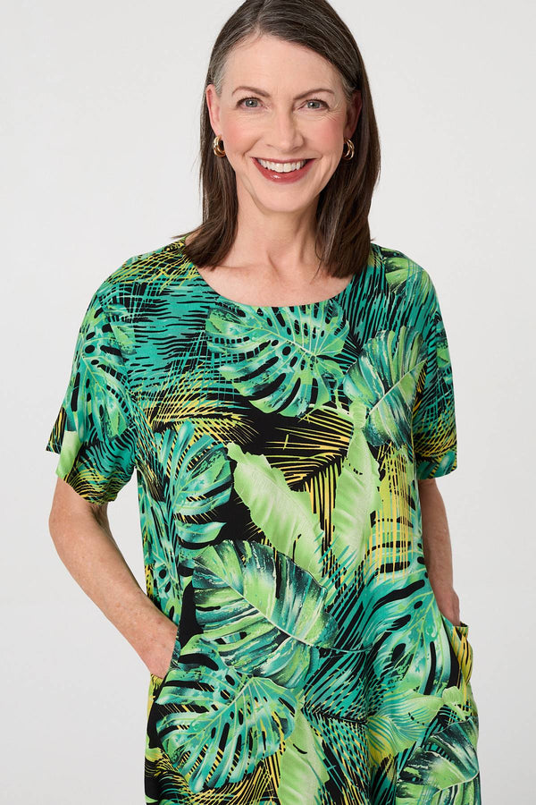 Green | Tropical Print Shift Knee Length Dress