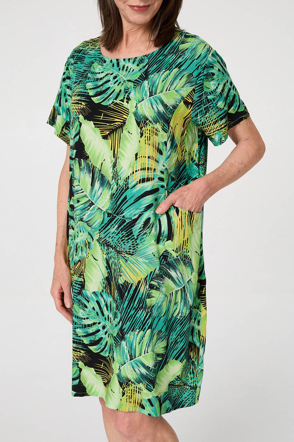 Green | Tropical Print Shift Knee Length Dress