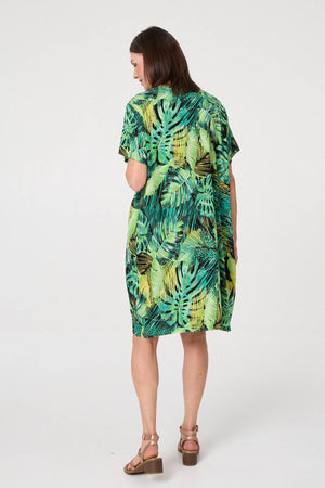 Green | Tropical Print Shift Knee Length Dress