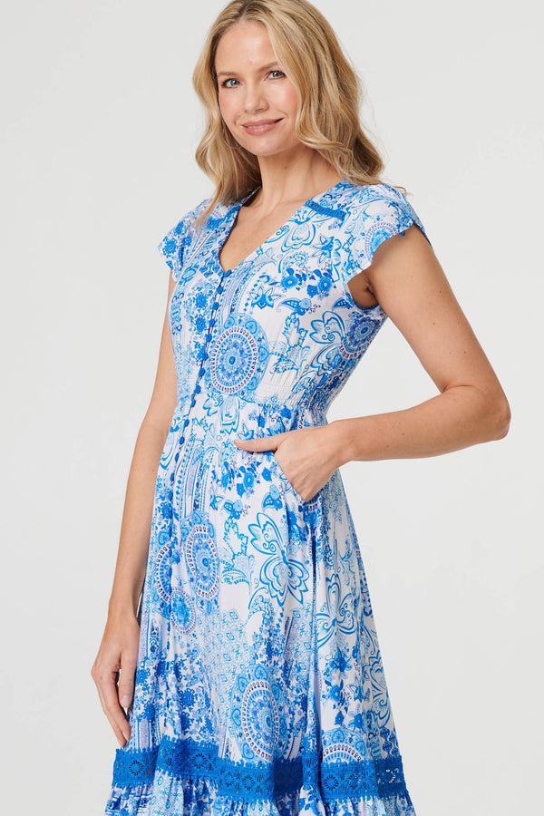 Blue | Abstract Printed Lace Trim Midi Dress