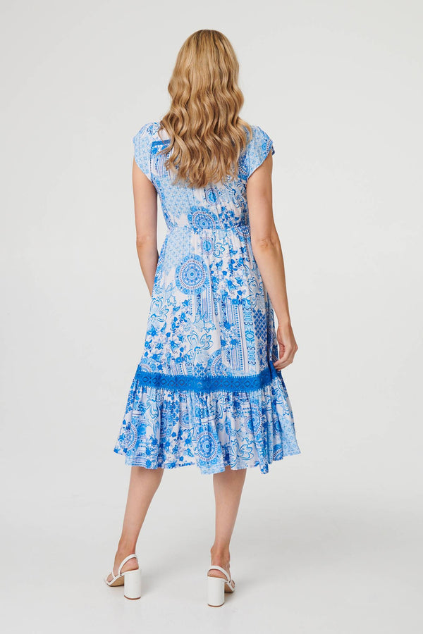 Blue | Abstract Printed Lace Trim Midi Dress