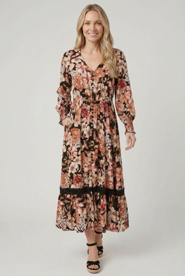 Black | Floral Long Sleeve V-Neck Midi Dress