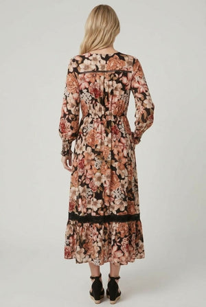 Black | Floral Long Sleeve V-Neck Midi Dress