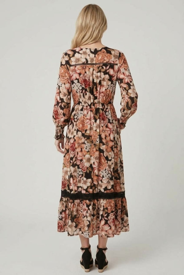 Black | Floral Long Sleeve V-Neck Midi Dress